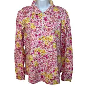 IBKUL Womens L Pullover Golf Shirt Pink Yellow Floral Quarter Zip Long Sleeve